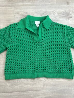 H&M Green Open-Knit Polo Top